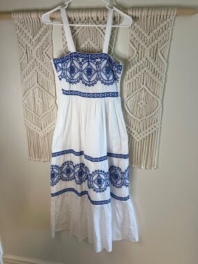 White Maxi Sundress with Blue Embroidered Bodice